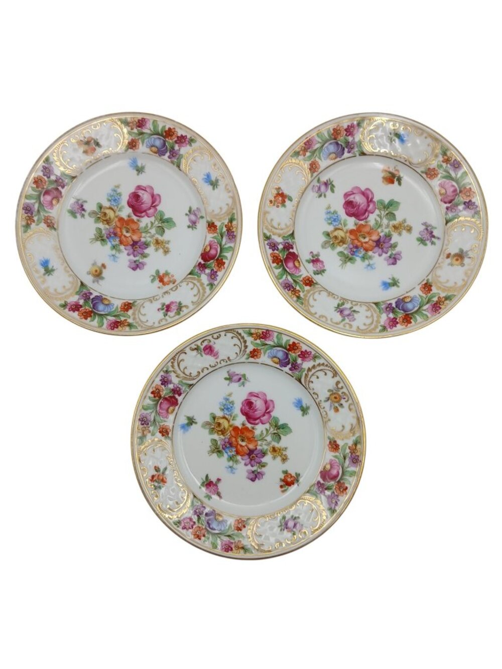 Set 3 Schumann Bavaria Dresdner Art Bread Butter Plates Floral Gold Gilt 6"